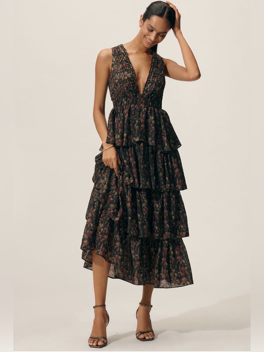 Endless Rose Sleeveless V-Neck Tiered Midi Dress Size L